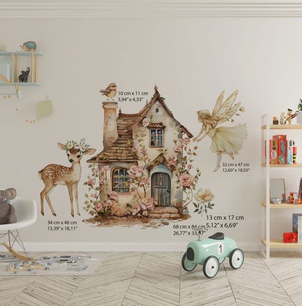 Fairy wall decals with a cottage covered in roses and a deer