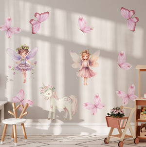 Fairy wall decals with unicorn and pink butterflies, peel and stick