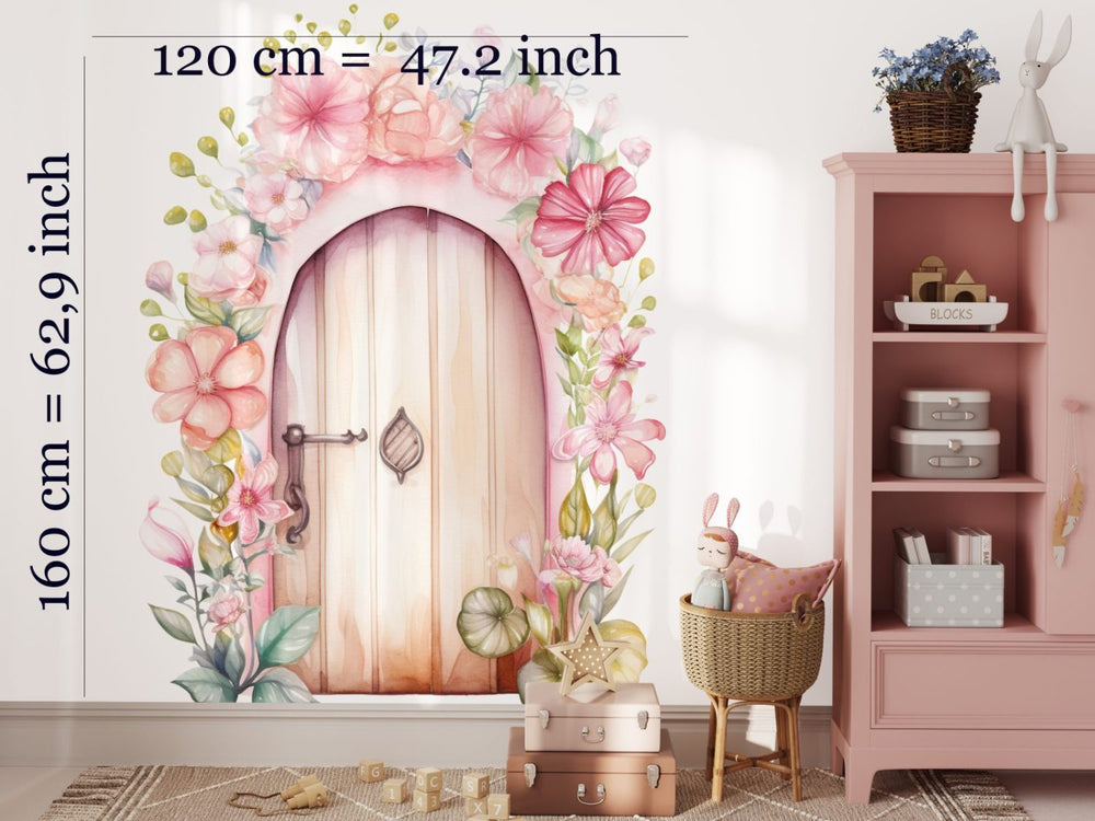 Großes Wandtattoo Magische Tür mit Pastellblumen und Grün von Igibee