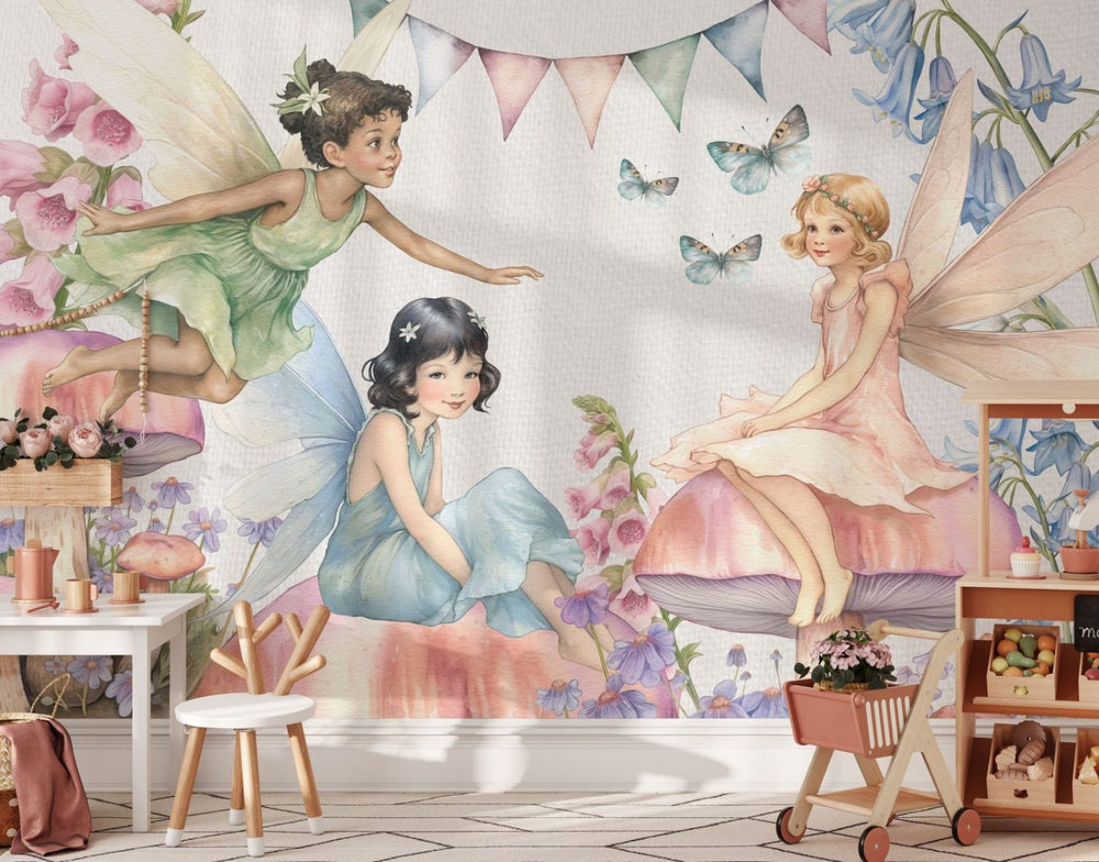 Fairies in the meadow watercolor wallpaper for nursery room by Igibee