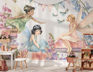 Fairies in the meadow watercolor wallpaper for nursery room by Igibee