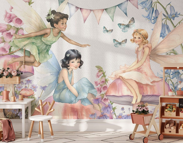 Fairies in the meadow watercolor wallpaper for nursery room by Igibee