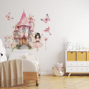 Fairy decals with a pastel castle, key and wand in a nursery
