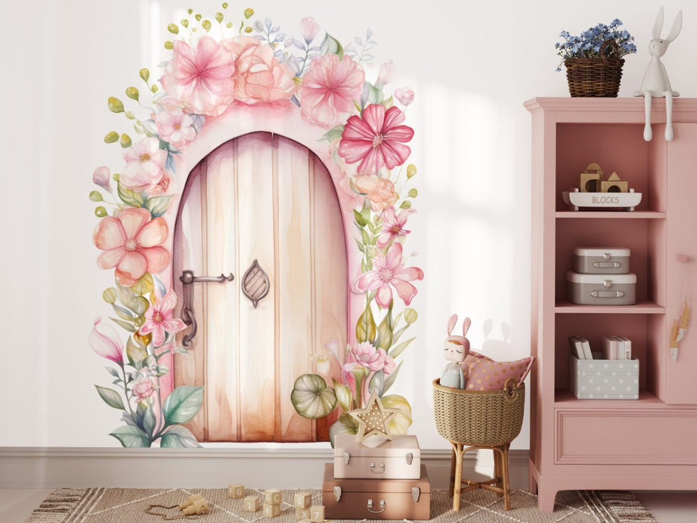 Großes Wandtattoo Magische Tür mit Pastellblumen und Grün von Igibee