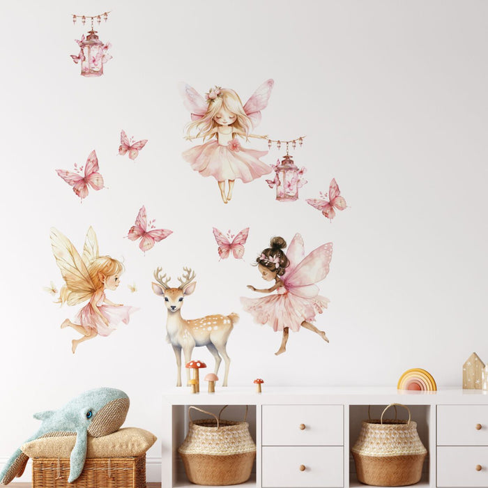 Sky Full of Fairies Wall Decals – Three Fairies, Deer & Butterflies Pastel Nursery Wall Stickers Set