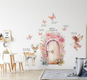 Fairy wall decals with pink castle, wooden door, deer and bunny by Igibee