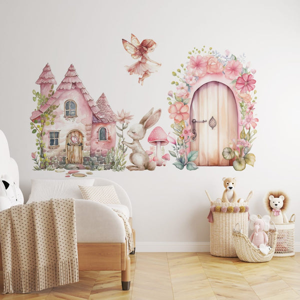 Fairy wall stickers with a large flower door in a girl's room