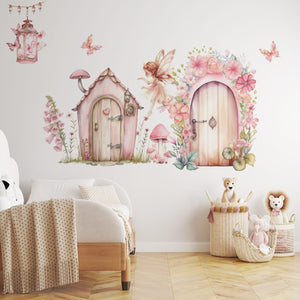 Fairy wall decals with doors and a bunny cottage, peel and stick