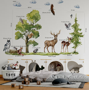 Forest grove wall stickers with deer, wolf and fox