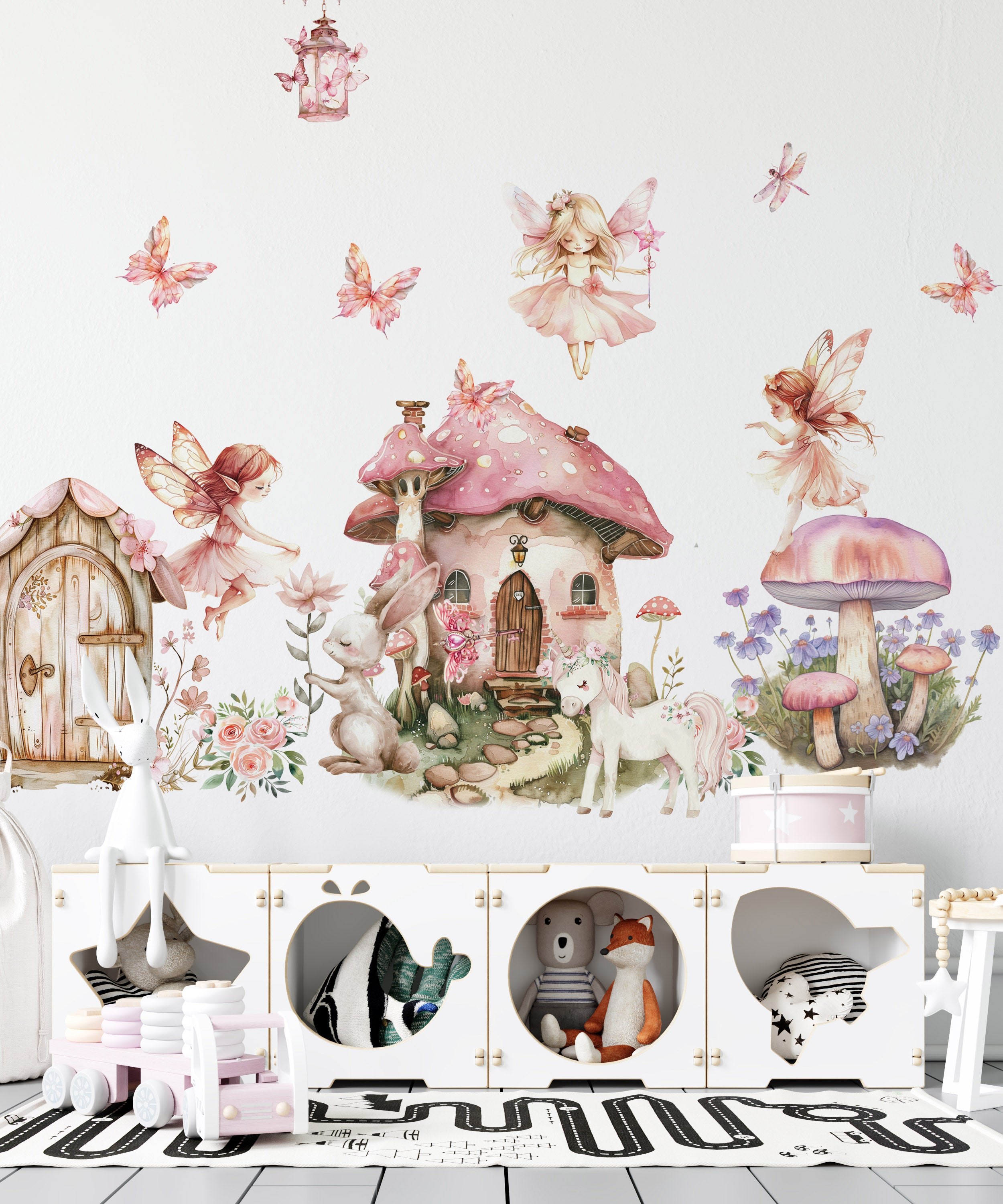 Girls' room decorated with igibee fairy and unicorn wall decals