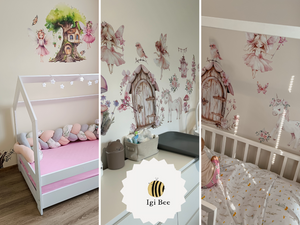 Pictures of 3 rooms with igibee wall decals on the walls 