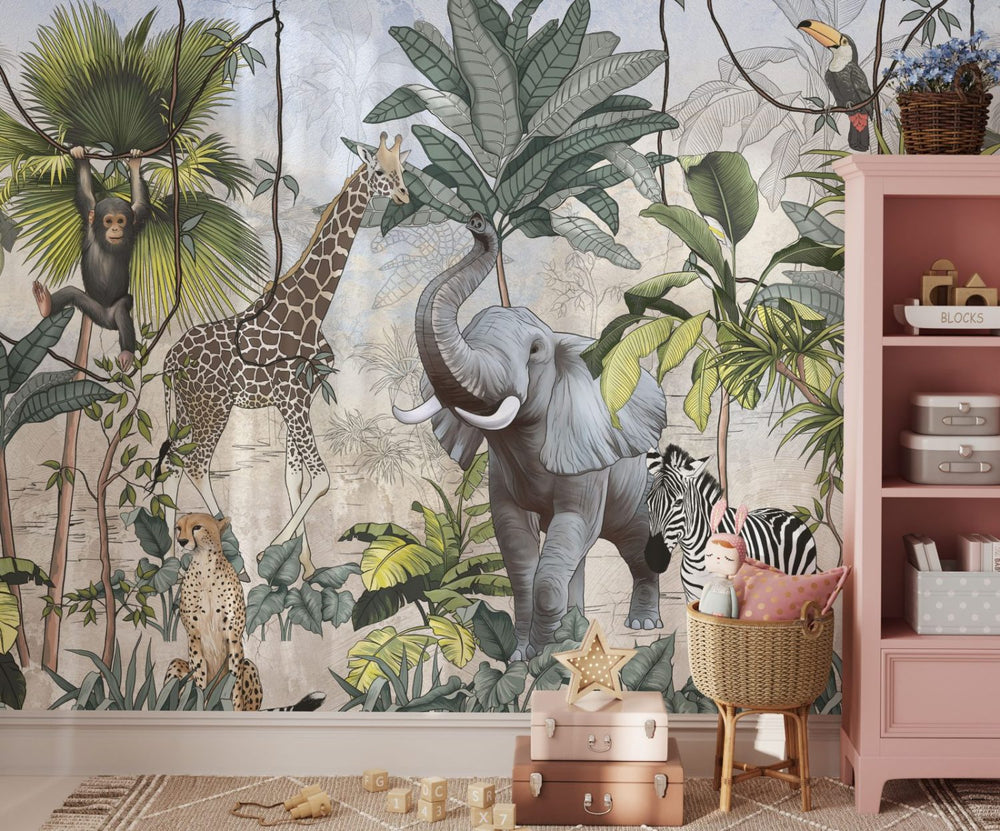 Safari wallpaper with African wildlife mural for kids room by Igibee