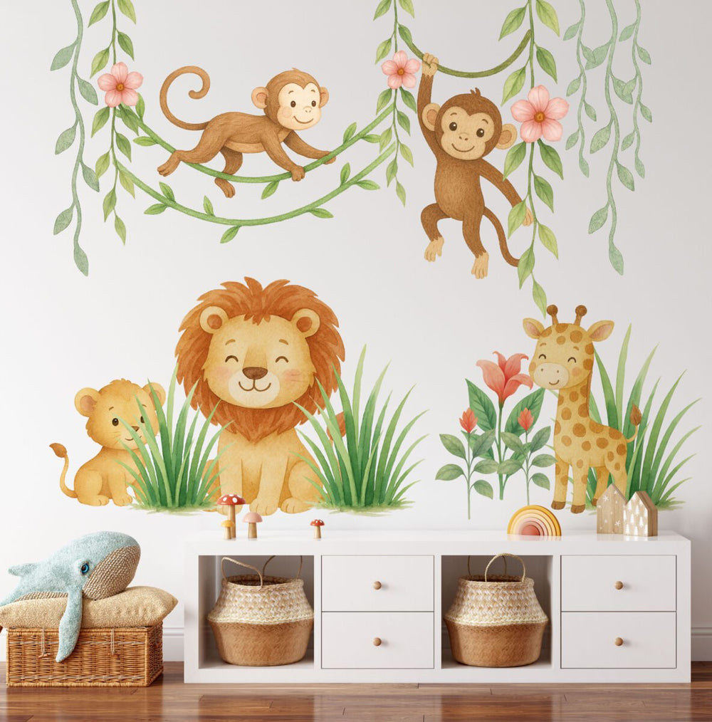 Safari animal wall decals with smiling lions, a giraffe and monkeys on a nursery wall