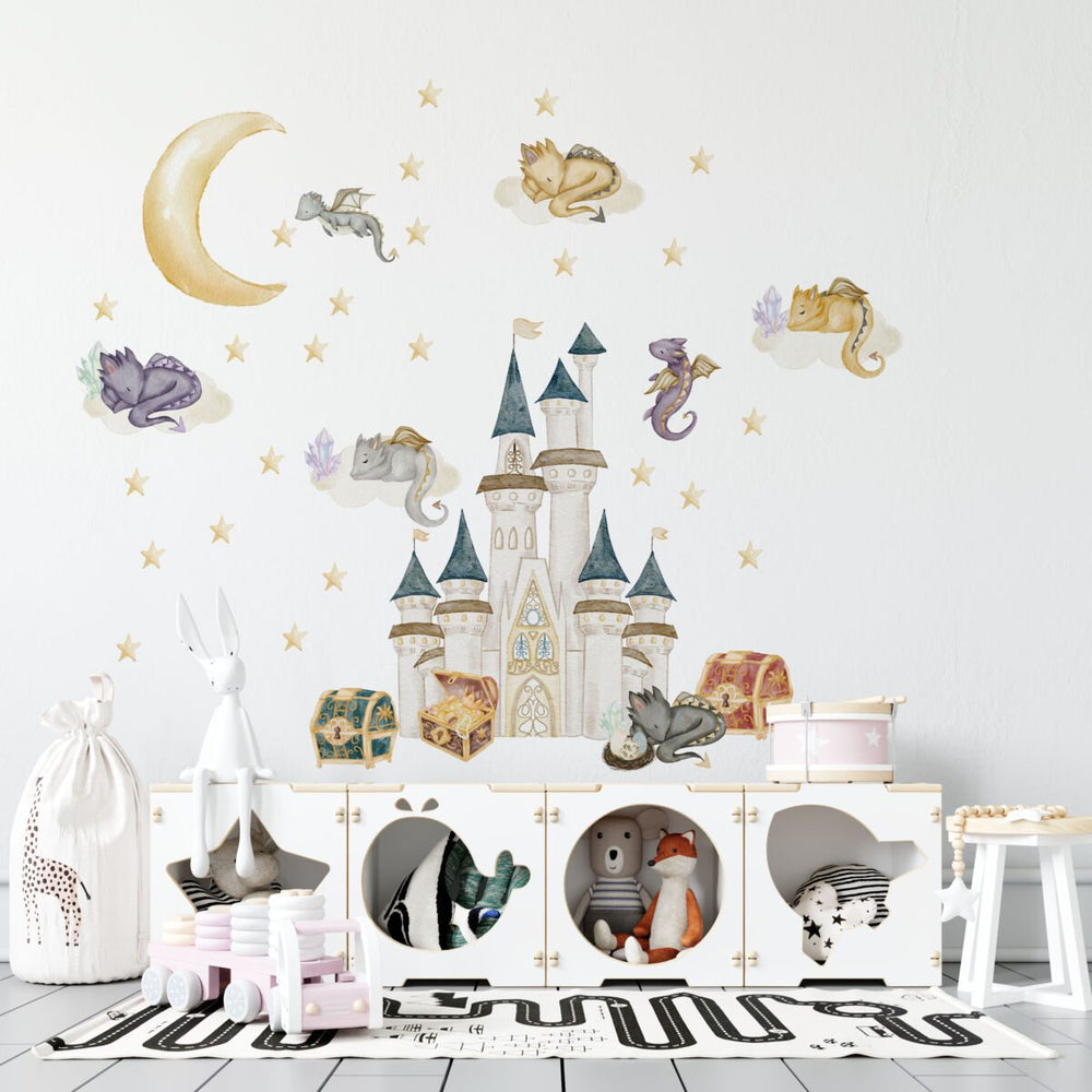 Dragons and castle wall decals in a kids room – fantasy castle, dragons, moon and stars