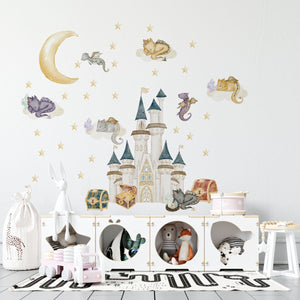 Drachen- und Schloss-Wandtattoos im Kinderzimmer – Fantasy-Schloss, Drachen, Mond und Sterne