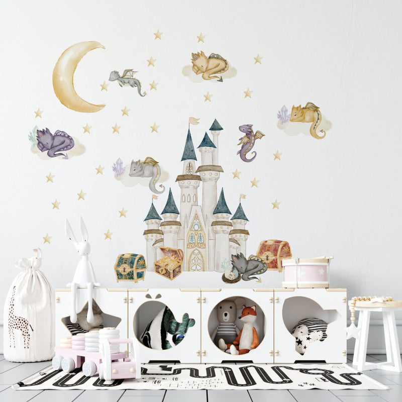 Dragons and castle wall decals in a kids room – fantasy castle, dragons, moon and stars