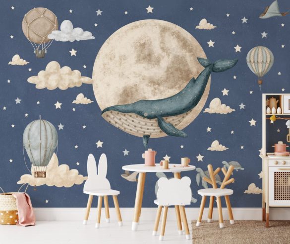 Pastel dreamy wallpaper with whale motif in kids bedroom by Igibee