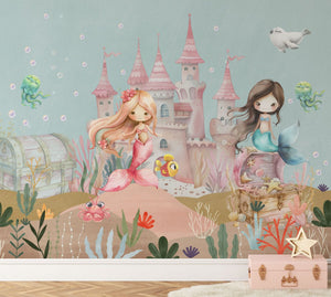 Mermaid wallpaper mural detail with fish and shells by Igibee
