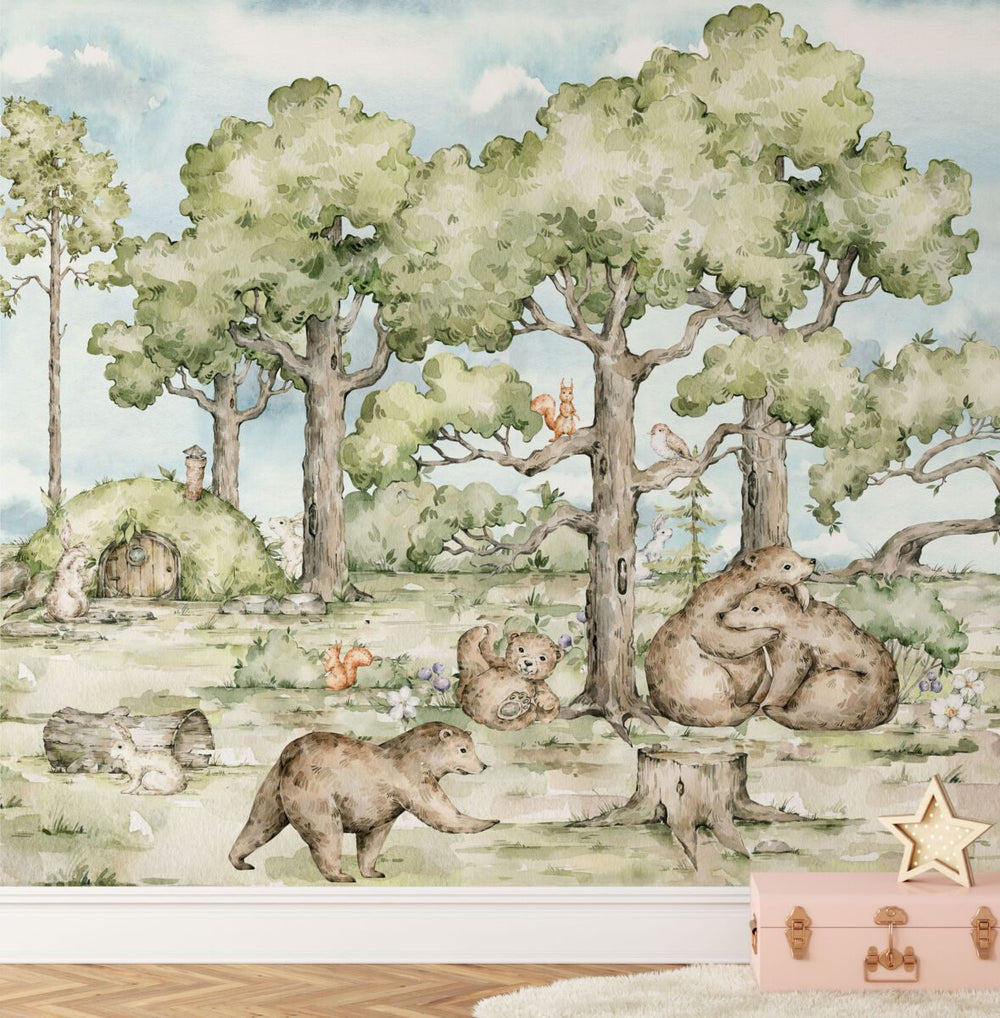 Hide and seek forest animals wallpaper for kids room by Igibee