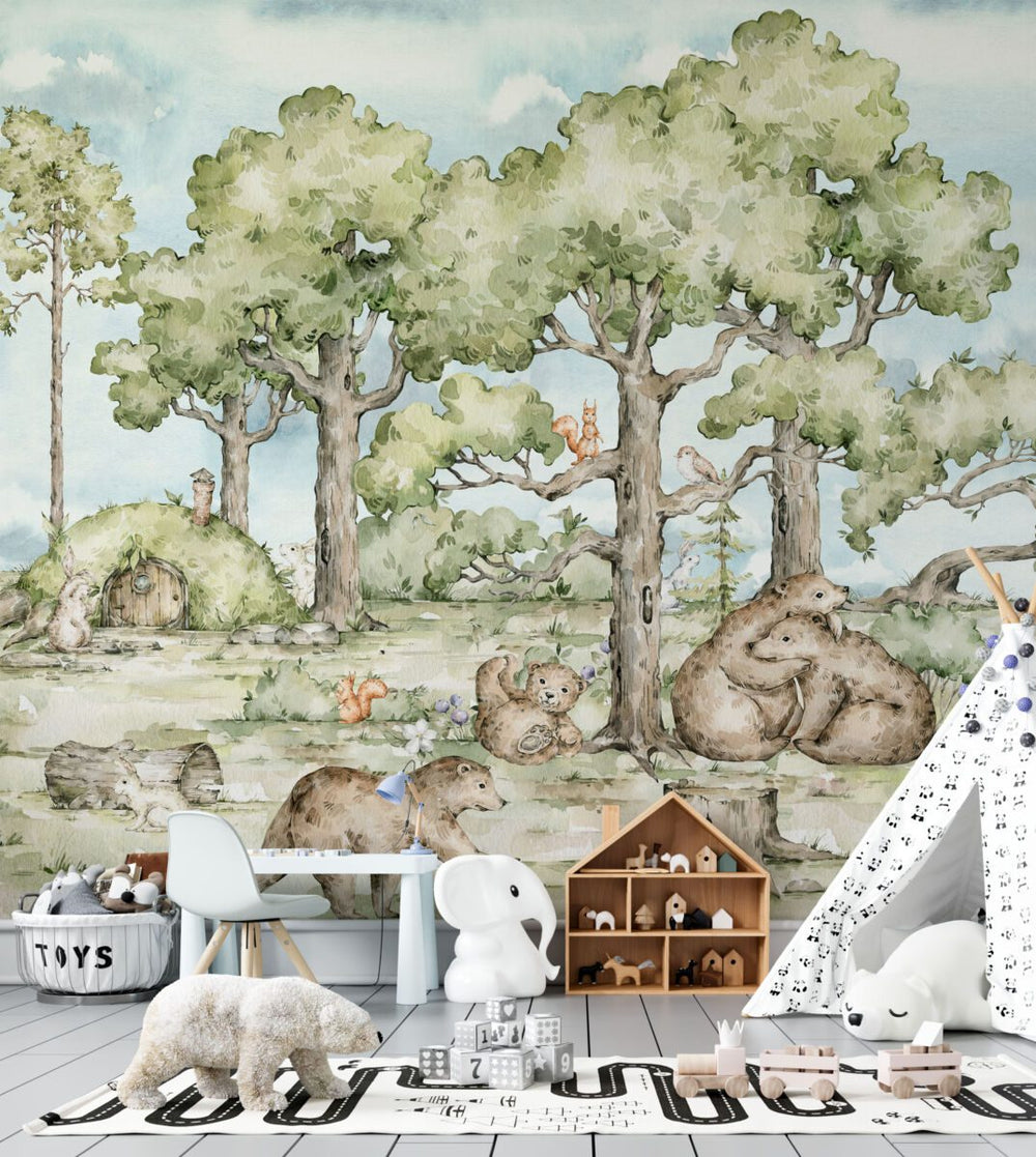 Hide and seek forest animals wallpaper for kids room by Igibee