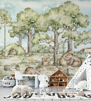 Forest animals hide and seek wallpaper mural by Igibee