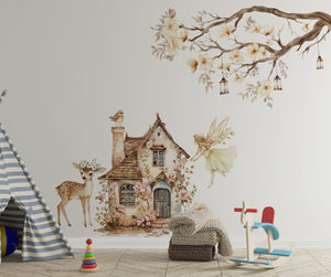 Kids room fairy decals in beige and powdery pink