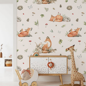 Woodland foxes wallpaper mural for kids bedroom by Igibee