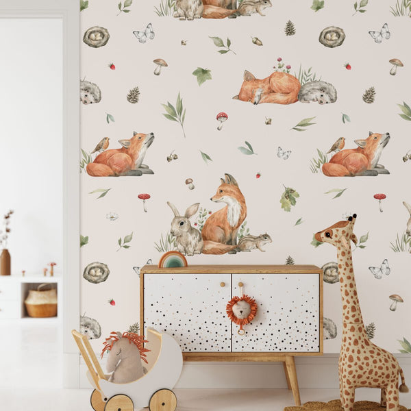 Woodland foxes wallpaper mural for kids bedroom by Igibee