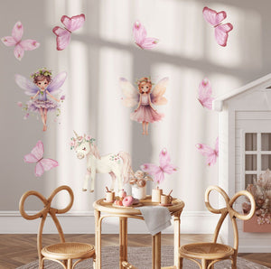 Two fairies, a white unicorn and pink butterflies wall decals by Igibee