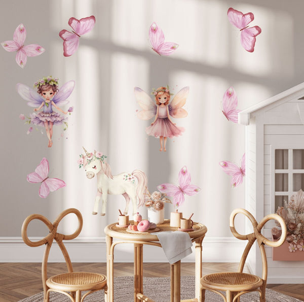 Two fairies, a white unicorn and pink butterflies wall decals by Igibee