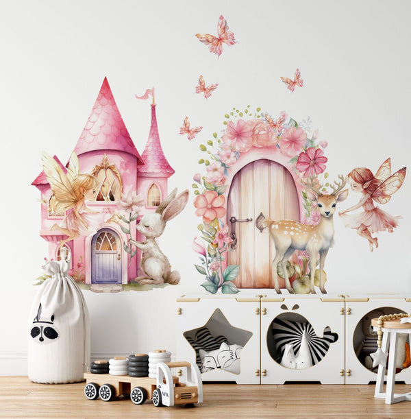 Fairy castle and magic door wall decals in pink pastels, nursery wall stickers by Igibee