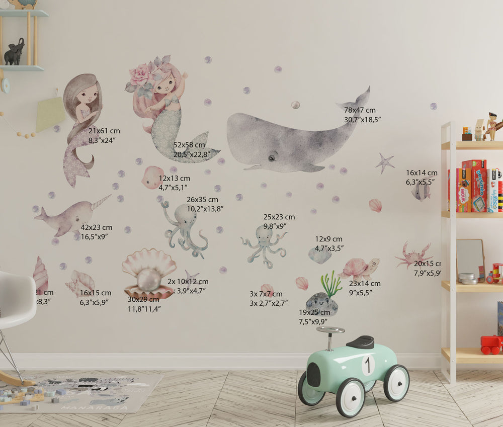 Adorable watercolor mermaid wall decal set featuring cute little mermaids, octopus, narwhal and sea turtle with colorful bubbles - mermaids wall decals Nursery wall decal Sea World Watercolour little mermaid ocean wall decal Sea World Ocean Wall Decal