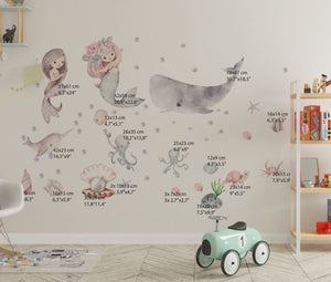 Pastel pink and teal mermaid wall decal for nursery with sweet little mermaids and ocean animals in watercolour style - mermaids wall decals Nursery wall decal Sea World Watercolour little mermaid ocean wall decal Sea World Ocean Wall Decal