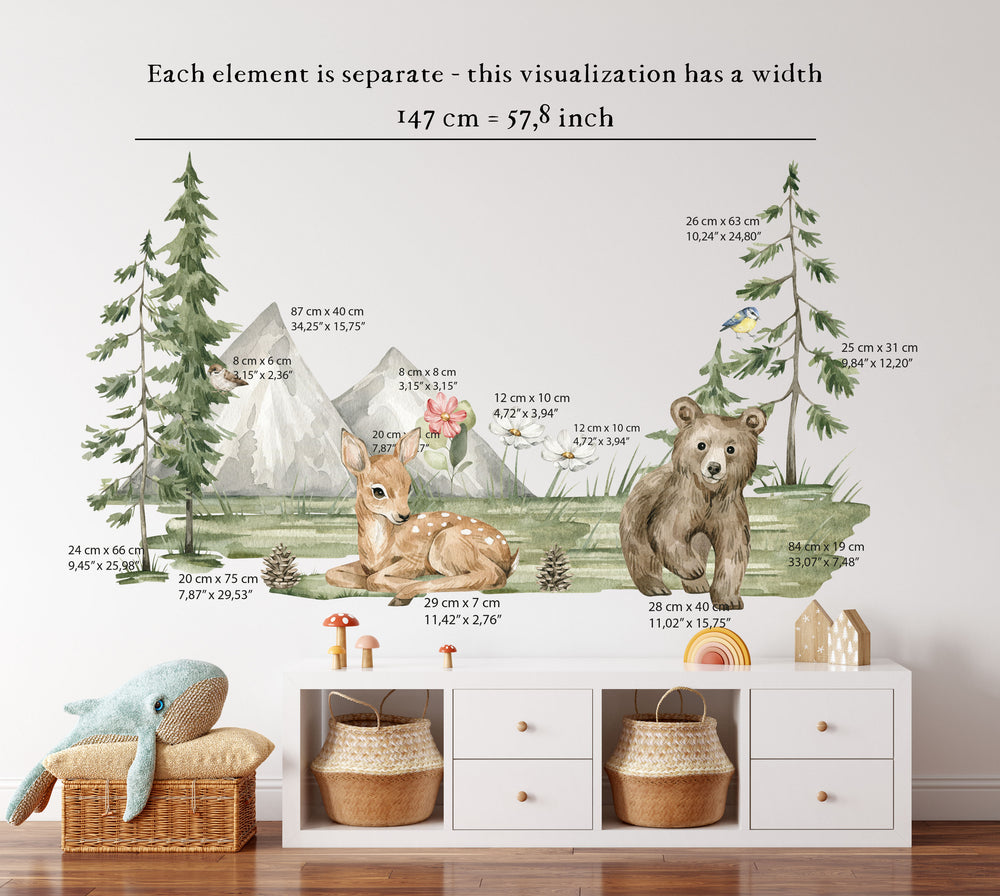 Forest animals wall stickers showing woodland wall decals with mountains and trees as woodland nursery wall decor for baby room