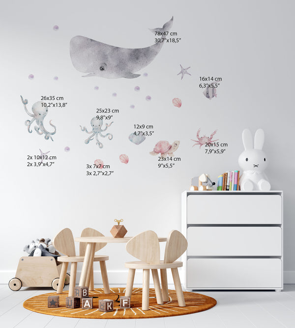 Cute Sea World mermaid wall decal collection in soft watercolor style with multiple little mermaids and underwater friends - mermaids wall decals Nursery wall decal Sea World Watercolour little mermaid ocean wall decal Sea World Ocean Wall Decal