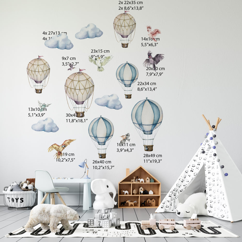 Sky adventure wall stickers with hot air balloons
