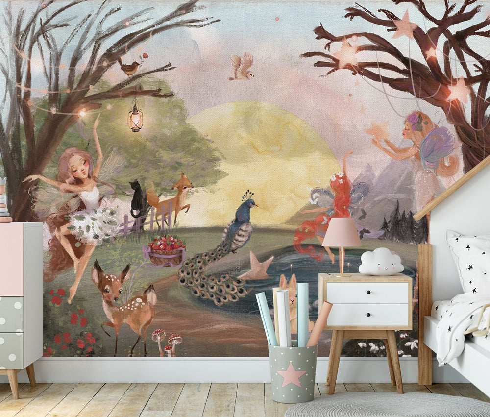 Fairy dancing on a forest glade - self-adhesive wall mural for a girl