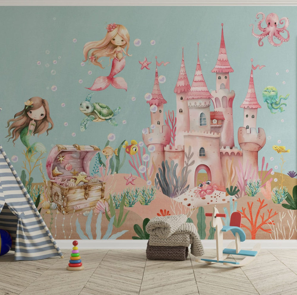 Underwater mermaid castle fairy tale wallpaper for kids room by Igibee