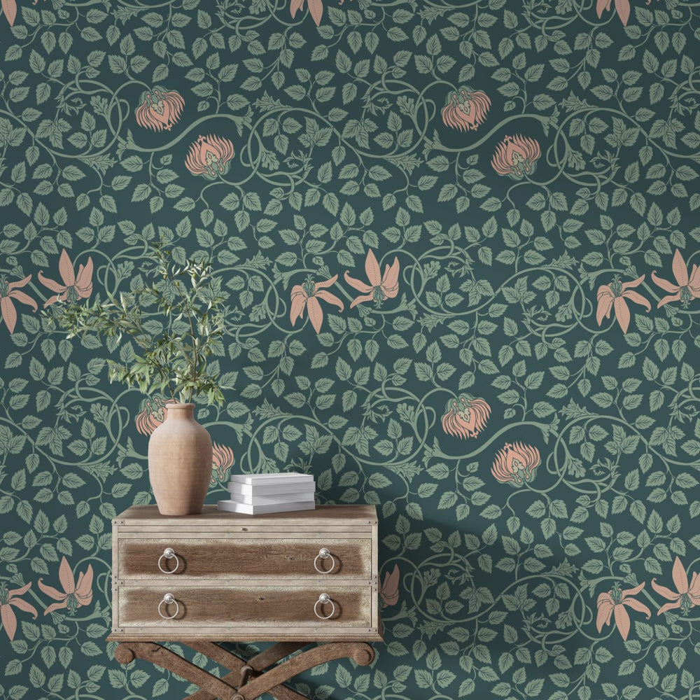 Botanical plant motif wallpaper in green tones by Igibee