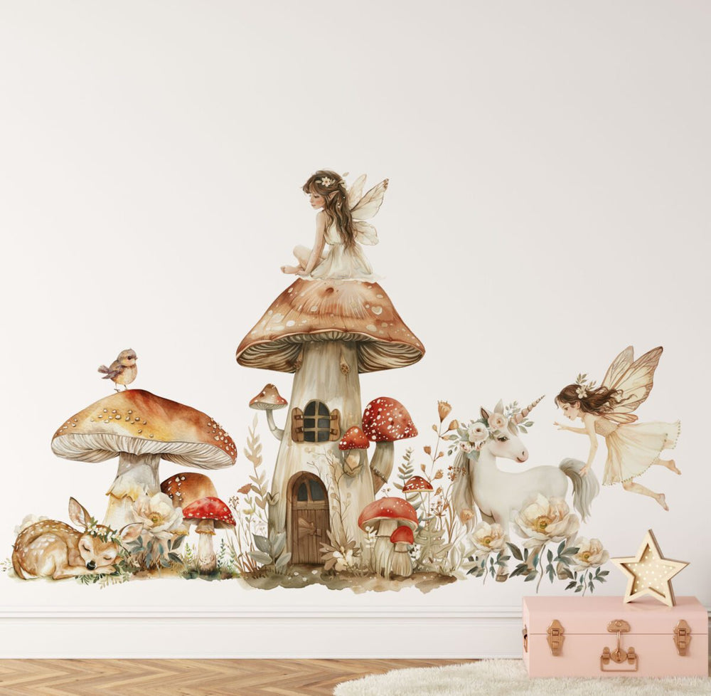 Beige watercolor fairy wall decals with fairies, mushrooms, flowers and woodland elements in a girl's nursery