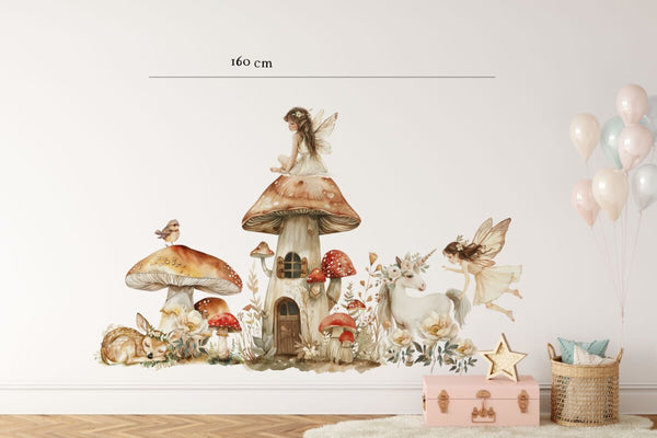 Unicorn wall decal surrounded by fairies and an enchanted forest scene for a girl's room