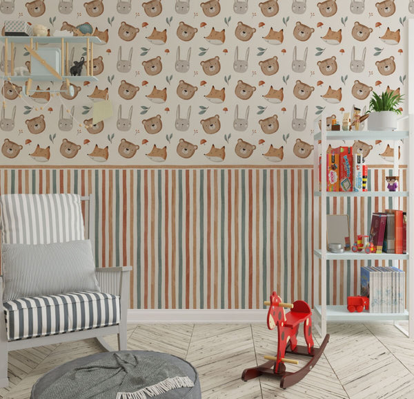 Pastel forest animals wallpaper for nursery by Igibee