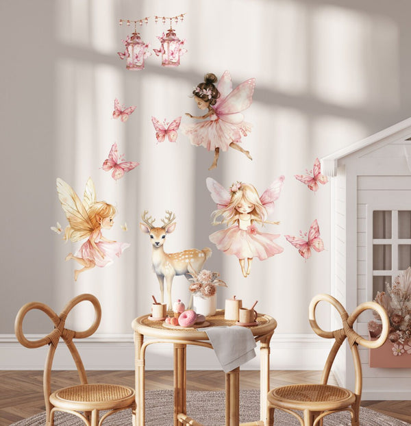 Nursery decals with fairies, a deer and decorative lanterns