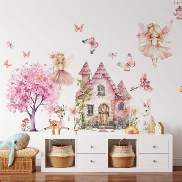 Pink fairyland wall decals with fairies and butterflies by Igibee