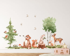 Waldtiere Wandtattoos im Kinderzimmer – Aquarell-Rehkitz, Hasen, Eichhörnchen, Bär und Bäume