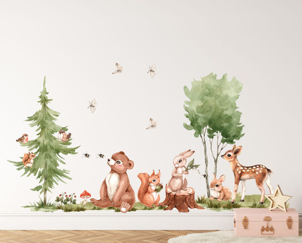 Waldtiere Wandtattoos im Kinderzimmer – Aquarell-Rehkitz, Hasen, Eichhörnchen, Bär und Bäume