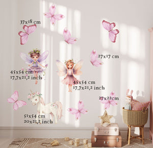 Nursery wall stickers with fairies and unicorn in a girl's room