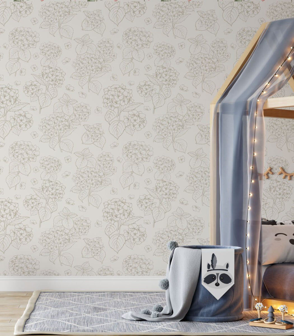 Hydrangeas beige floral wallpaper by Igibee