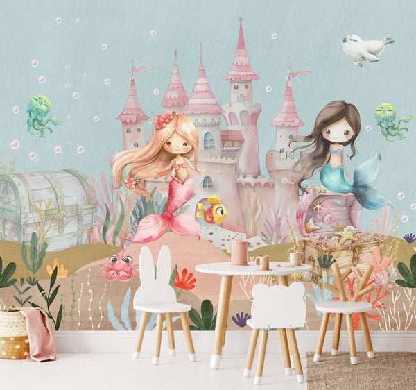 Pastel mermaid wallpaper for nursery room by Igibee