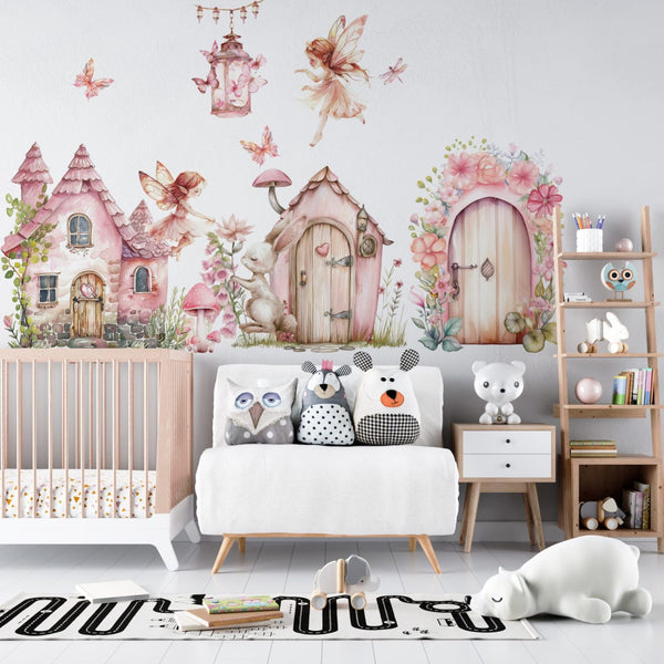 Nursery fairy decals with houses, butterflies and a magic door